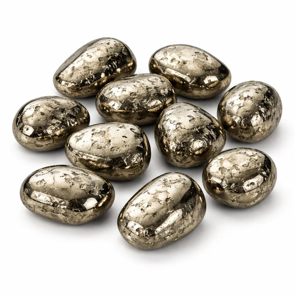 Small group of bright metallic pyrite stones isolated on a clean white background