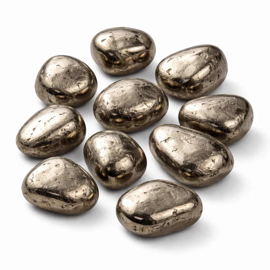 Glossy oval pyrite stones grouped on a clean white background
