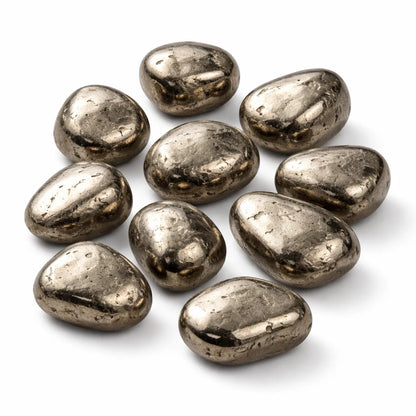 Glossy oval pyrite stones grouped on a clean white background