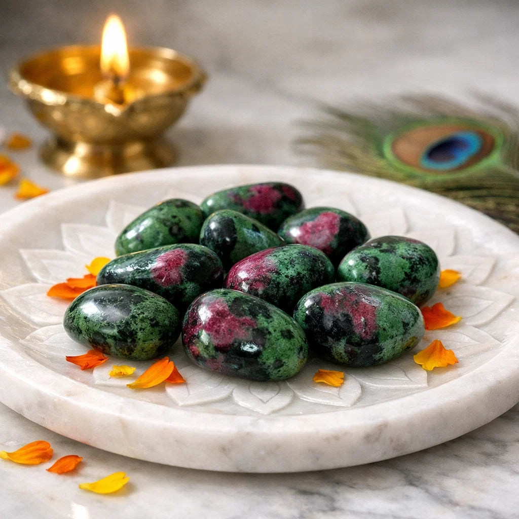 Ruby zoisite tumbled stones arranged in a styled spiritual setting