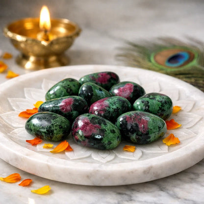 Ruby zoisite tumbled stones arranged in a styled spiritual setting