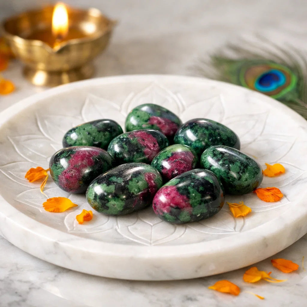 Ruby zoisite tumbled stones displayed in a softly lit product setting
