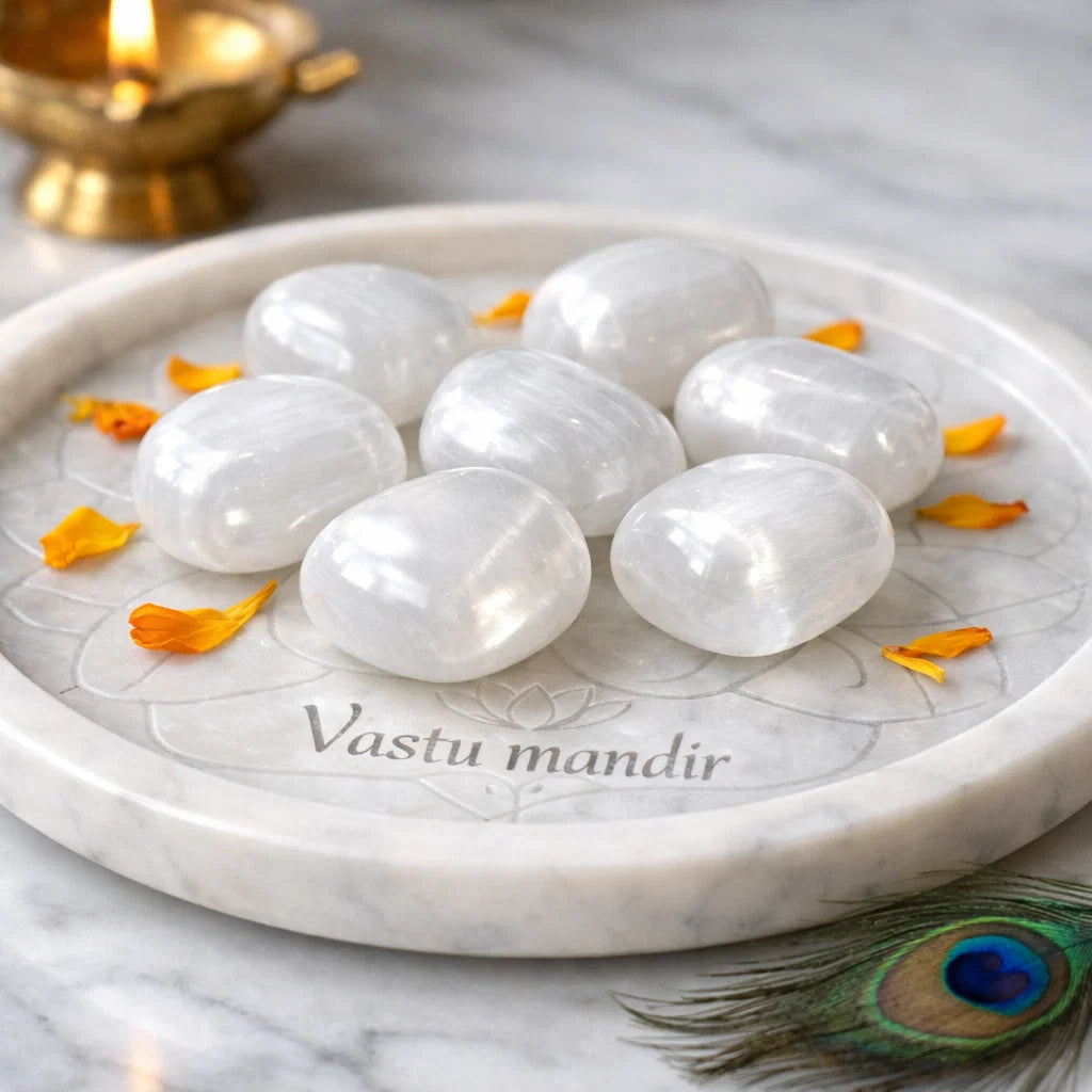 Angled view of selenite healing stones on a white plate with marigold petals and a peacock feather