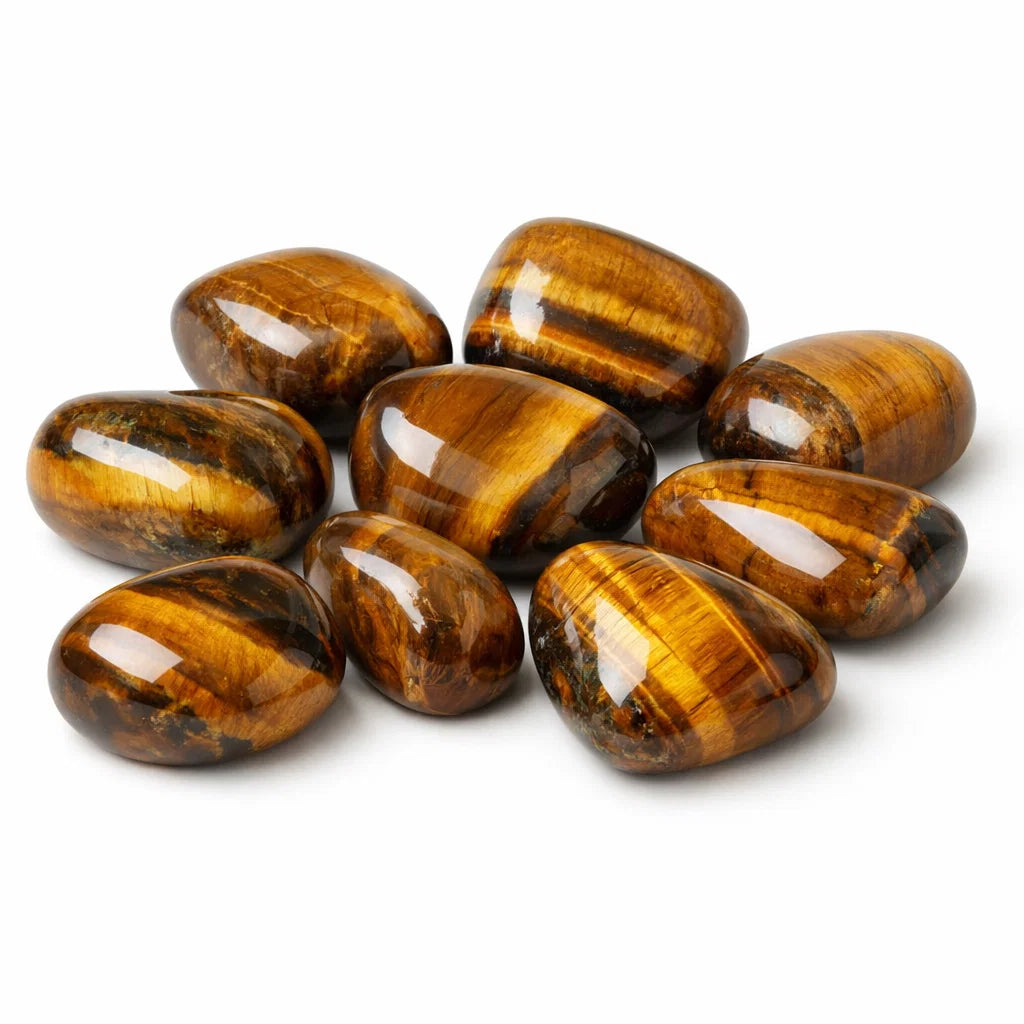 Group of tiger eye tumbled stones isolated on a clean white background