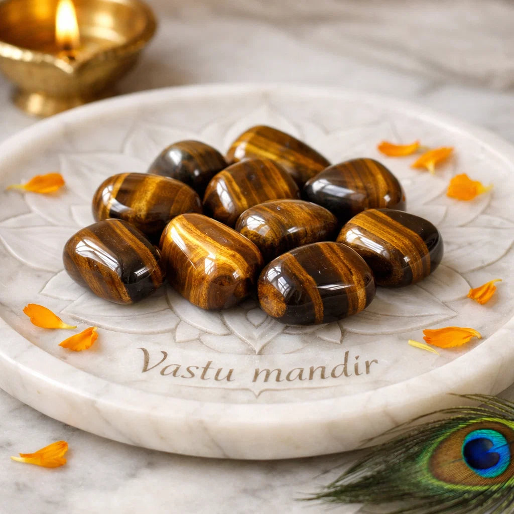 Close view of tiger eye tumbled stones on a decorative white plate in a softly lit traditional setting