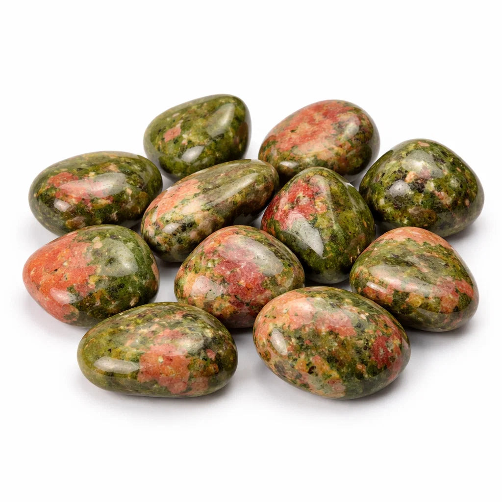 Group of unakite tumbled stones isolated on a clean white background