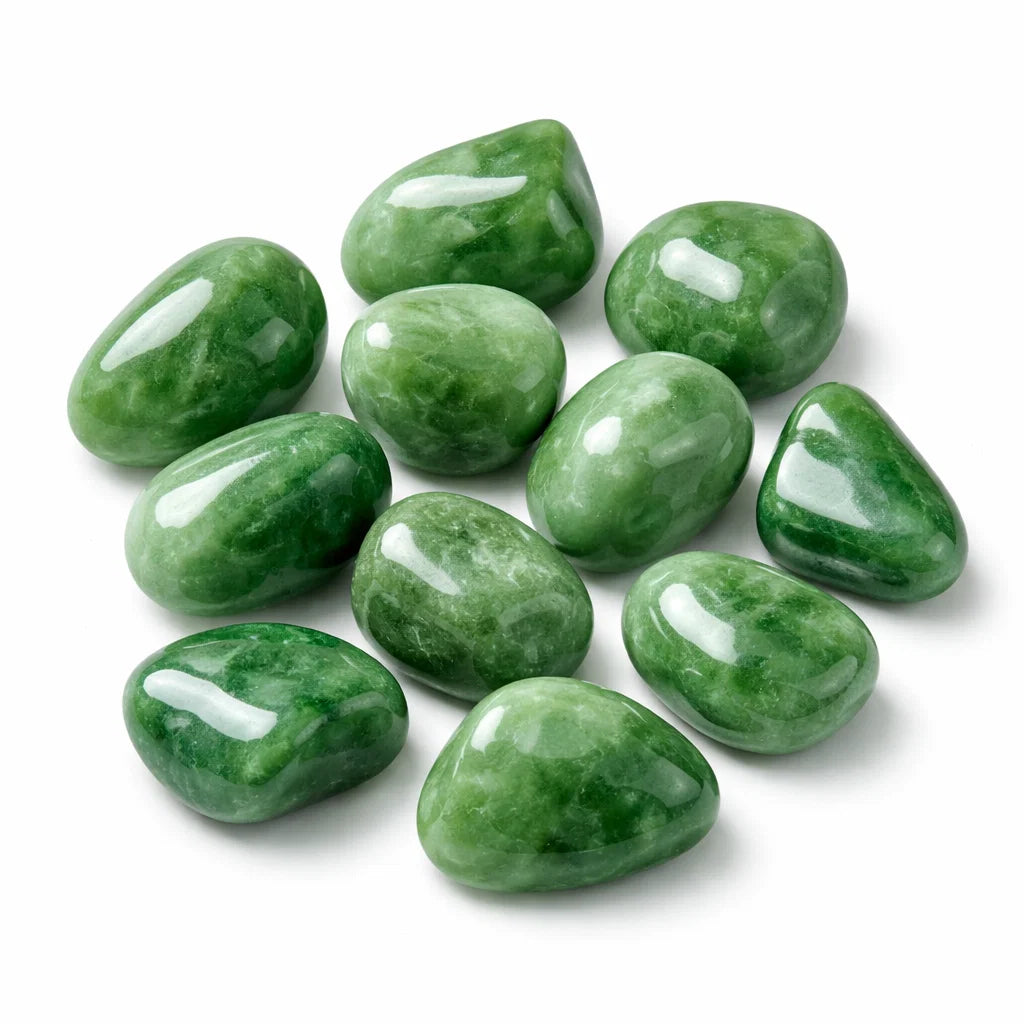 Mixed dark and pale green jade tumbled stones grouped on a clean white background