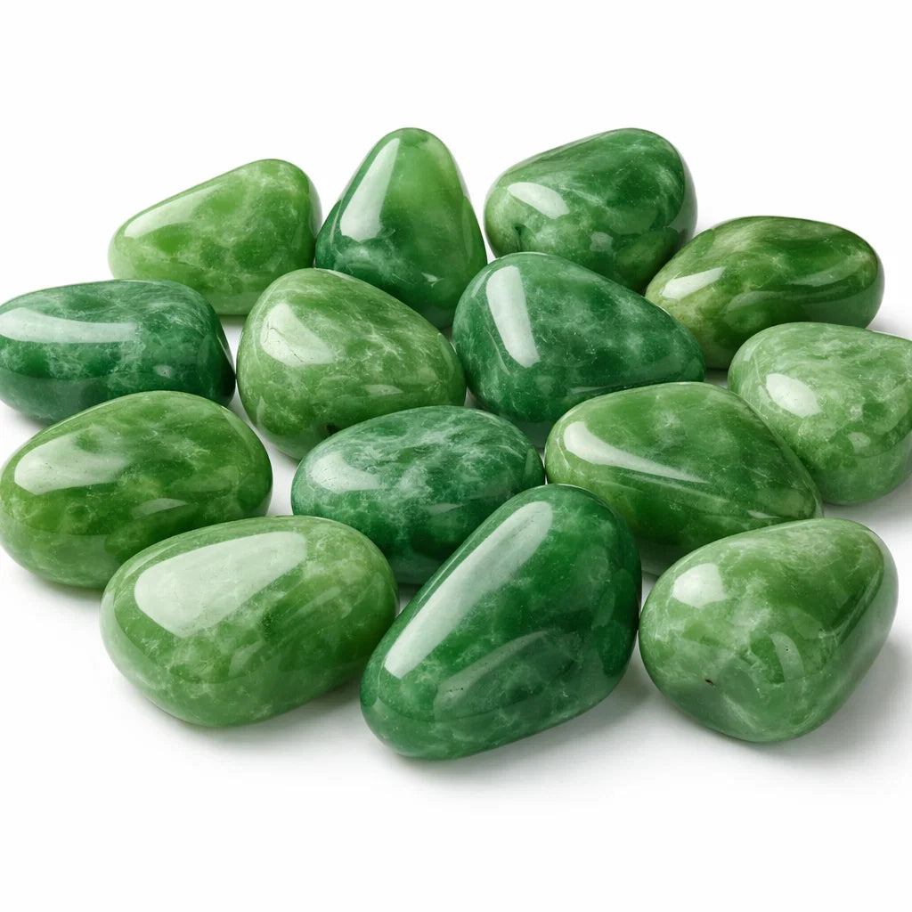 Bright green polished jade stones grouped on a clean white background