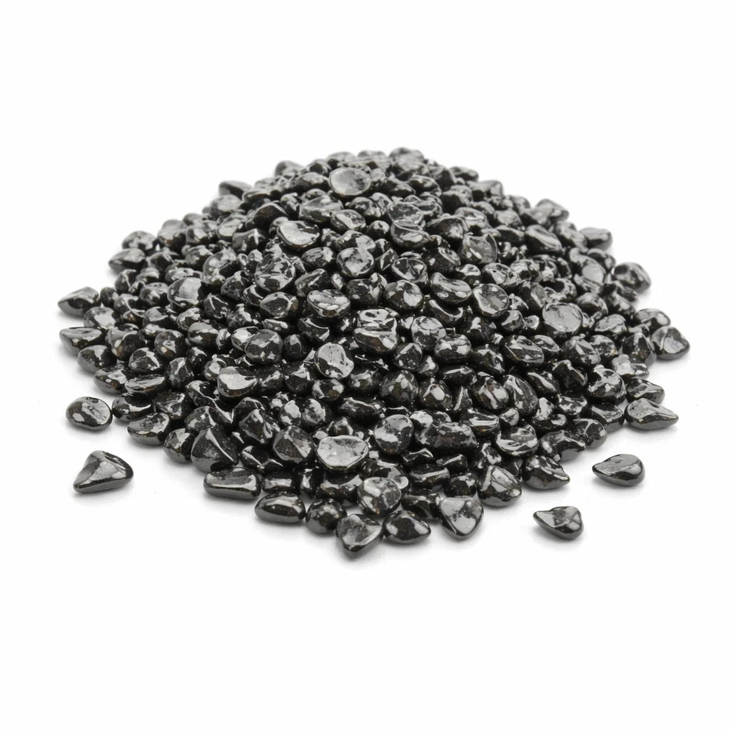 Hematite crystal chips in a close product view on white