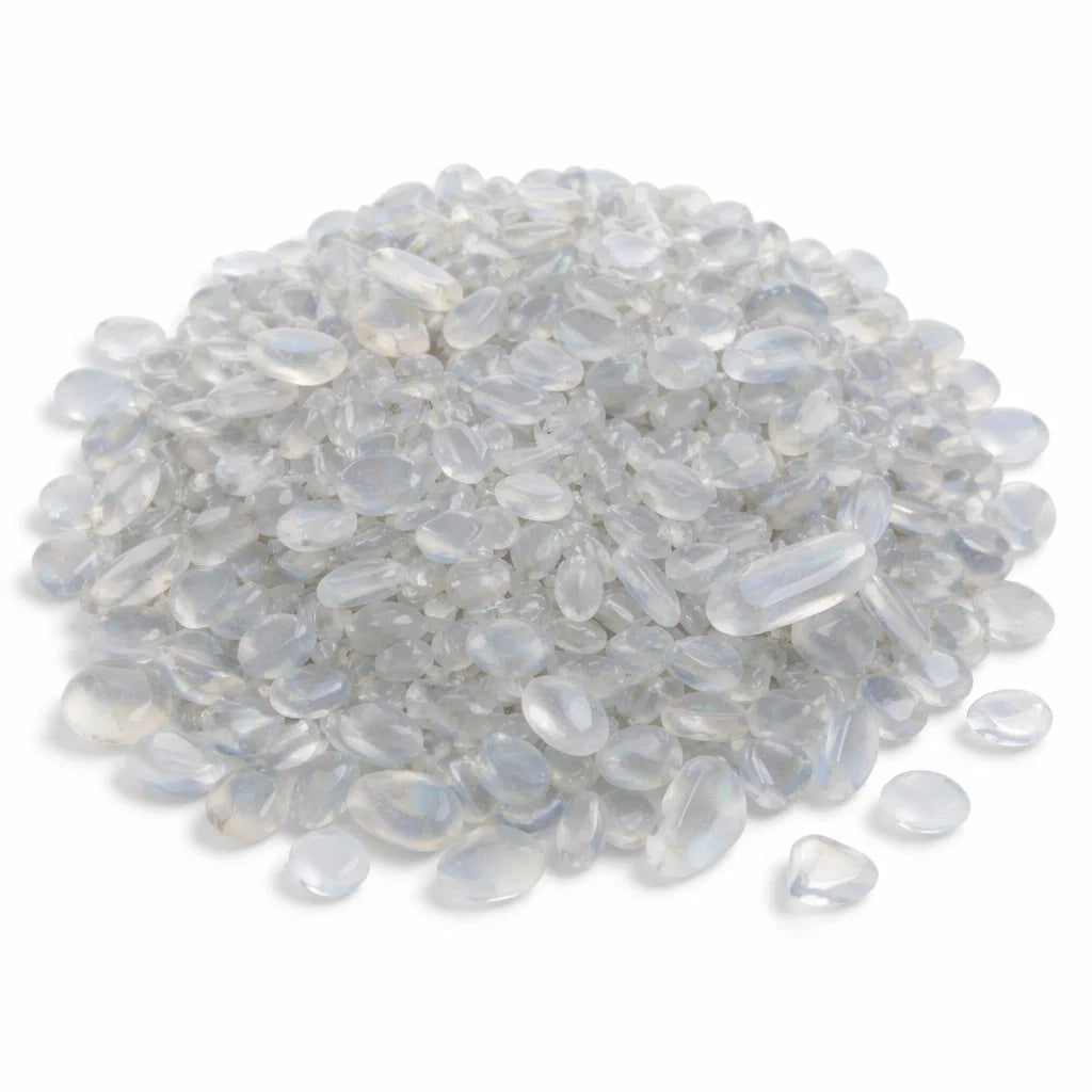 Pile of opalite crystal chips on a clean white background