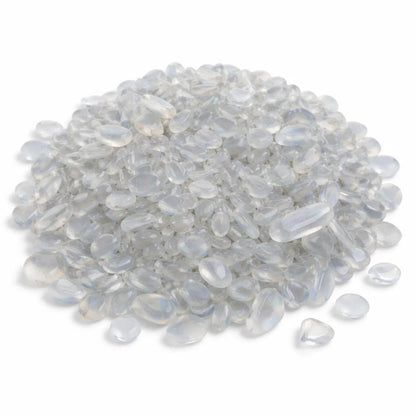 Pile of opalite crystal chips on a clean white background