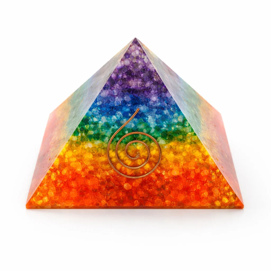 7 Chakra Orgonite Pyramid with Coil – top-down view showing the apex and square base