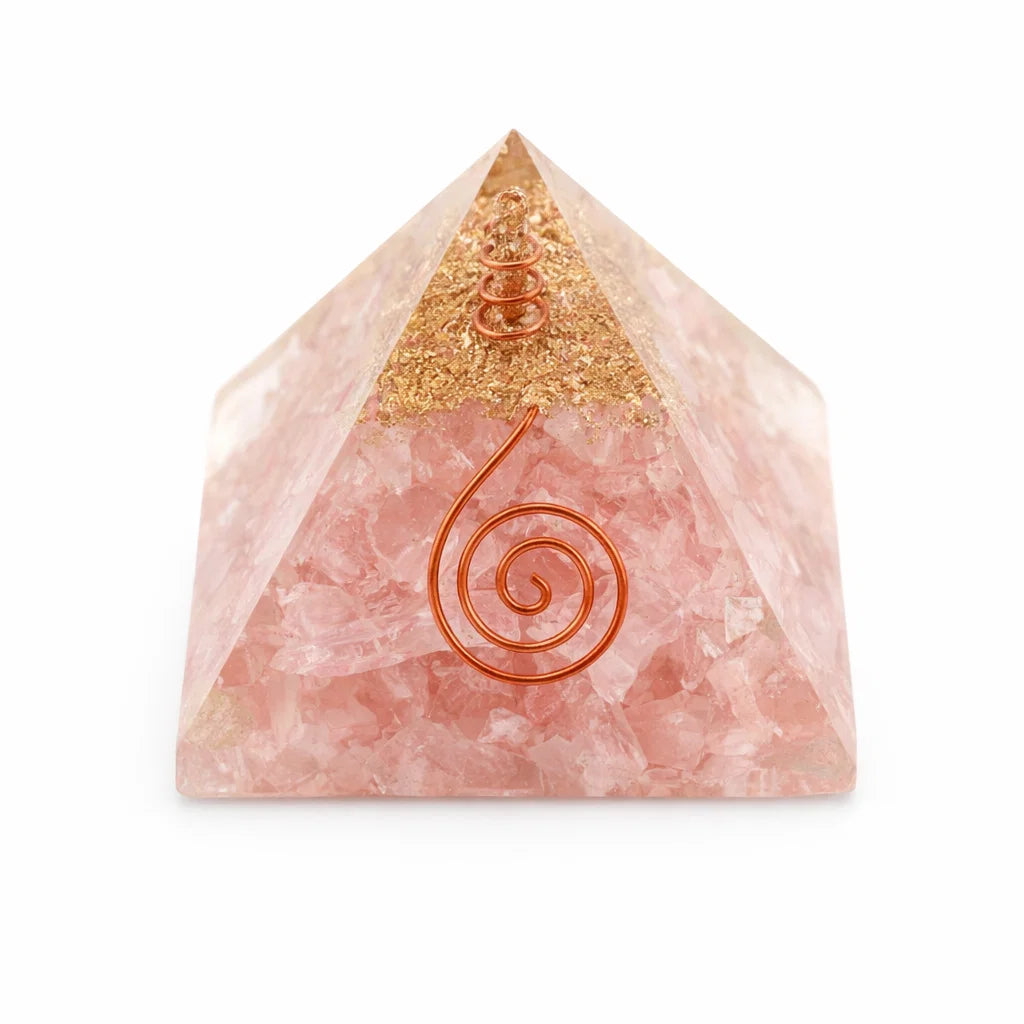 Rose Quartz Orgonite Pyramid, rose quartz crystal – close-up showing the surface finish and edges