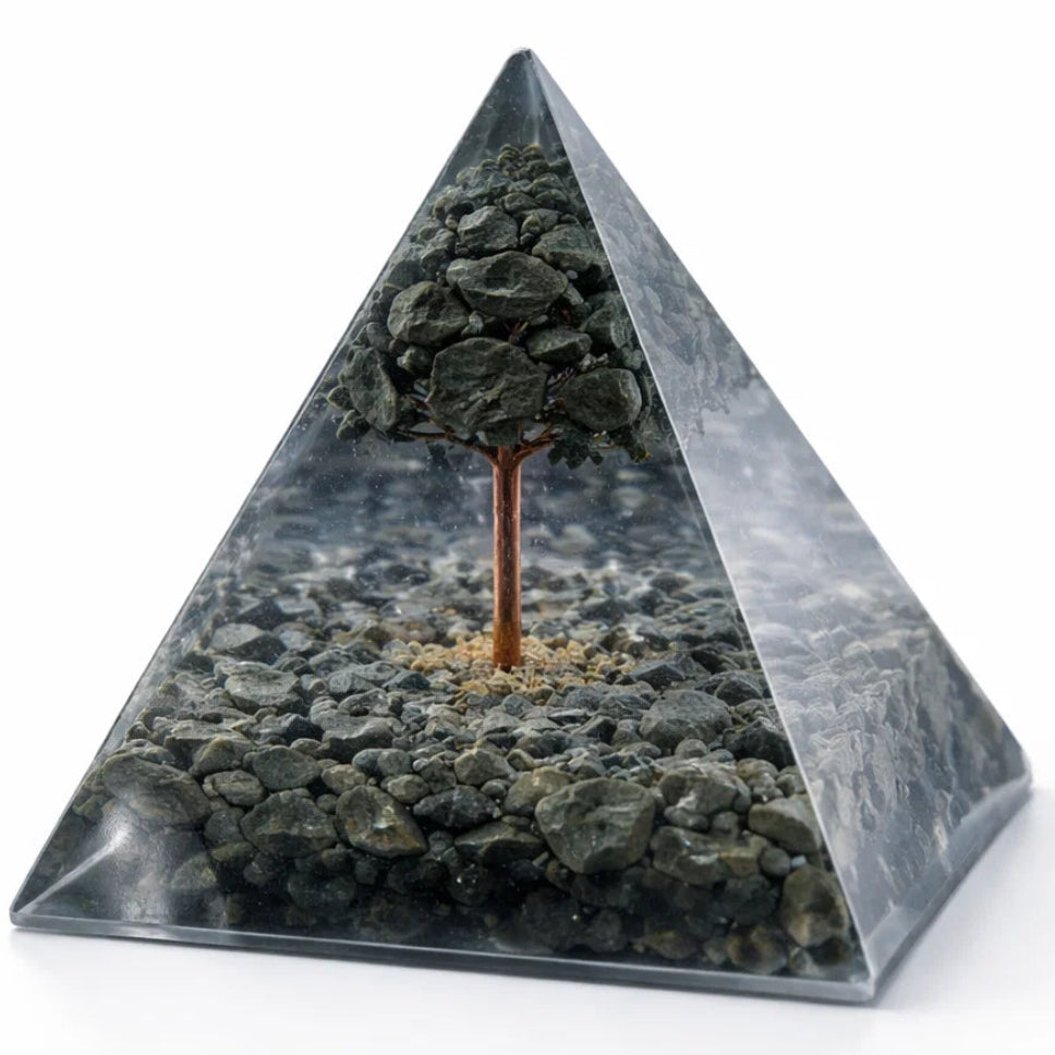 Pyrite Tree Orgone Pyramid, pyrite crystal – top-down view showing the apex and square base