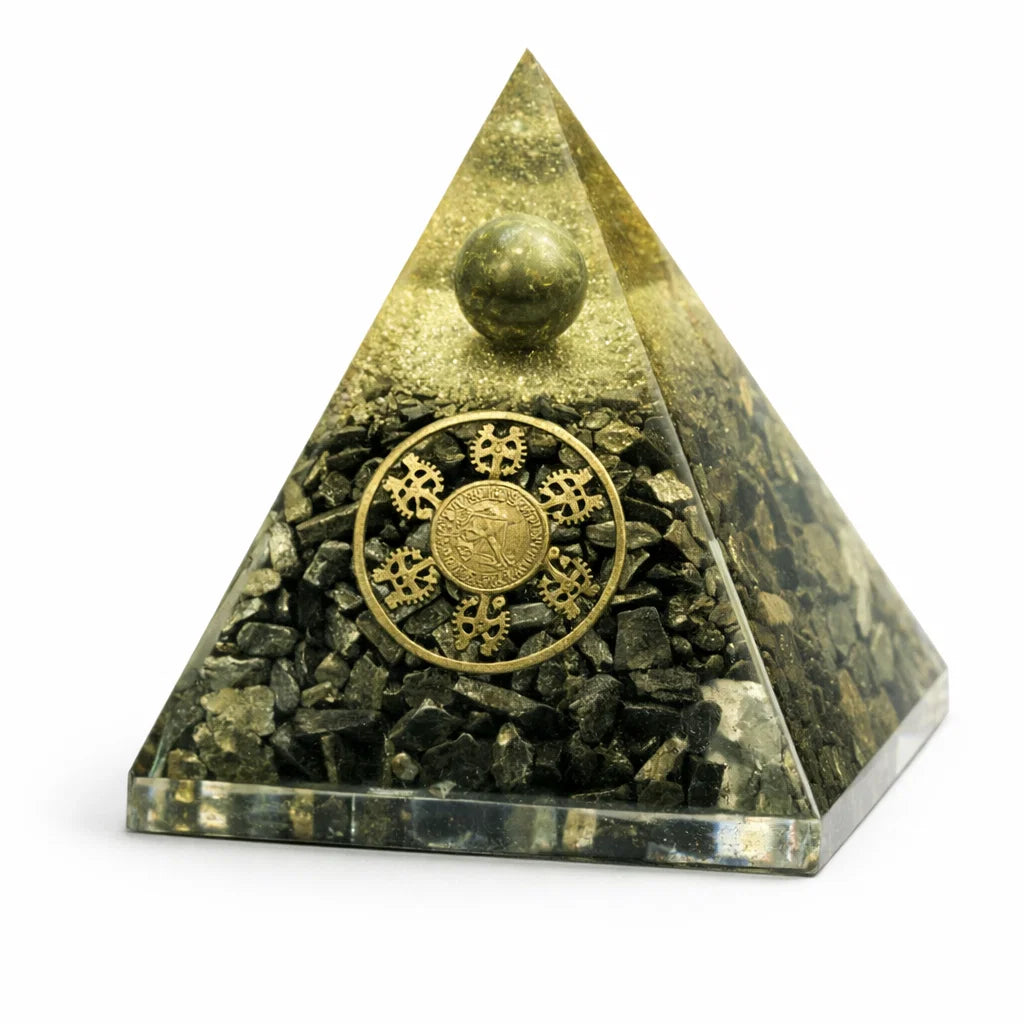 Pyrite Zibu Coin Pyramid, pyrite crystal – top-down view showing the apex and square base