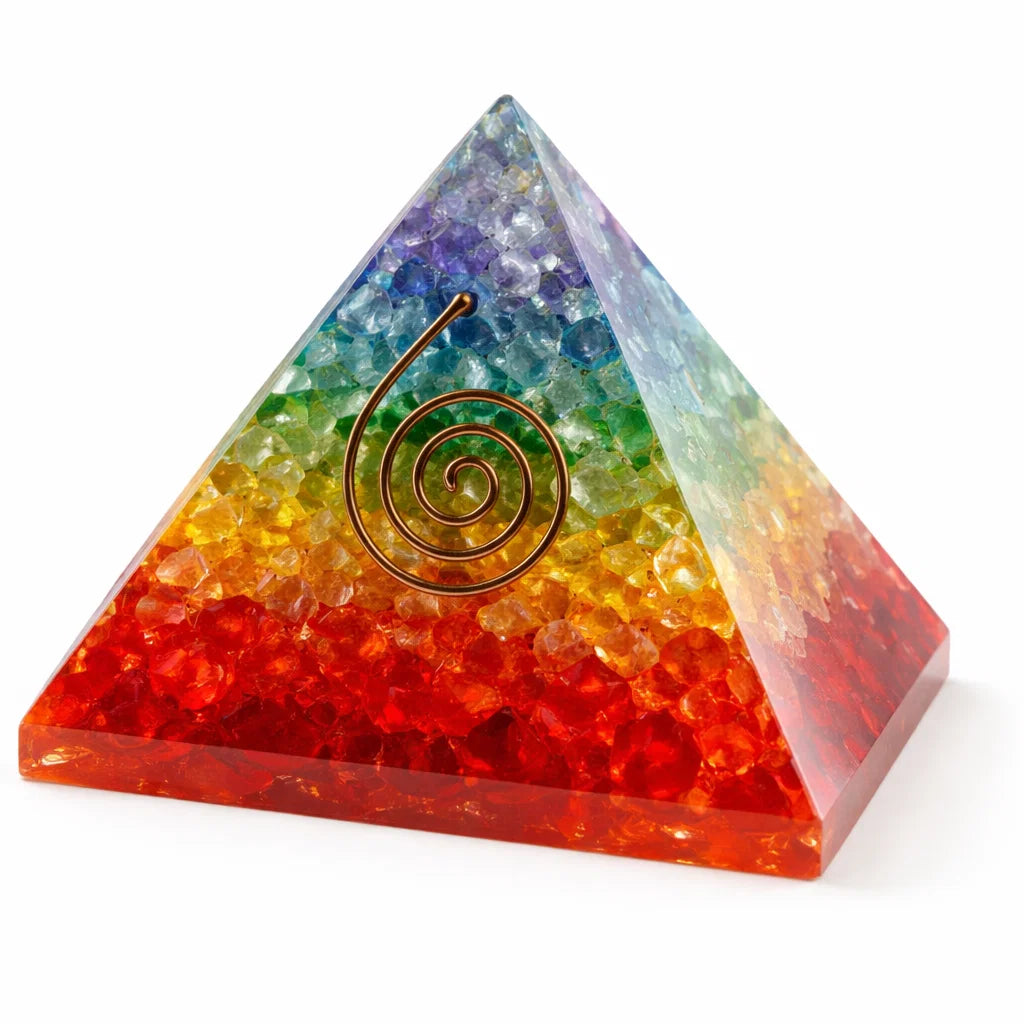 7 Chakra Orgonite Pyramid with Coil – top-down view showing the apex and square base