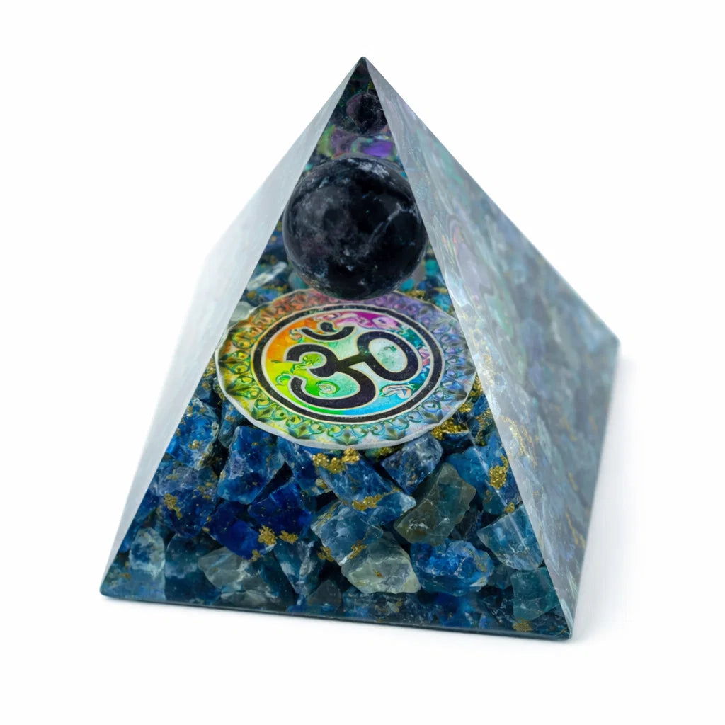 Lapis Lazuli Ball (Sphere) Orgonite Pyramid – top-down view showing the apex and square base