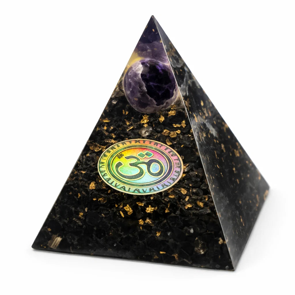 Natural Black Tourmaline Sphere Pyramid – top-down view showing the apex and square base