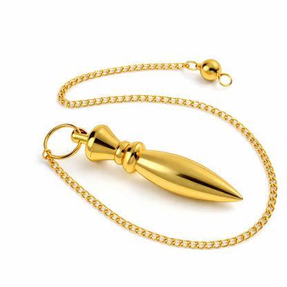 Heavy brass bullet pendulum with full chain arranged on a white background