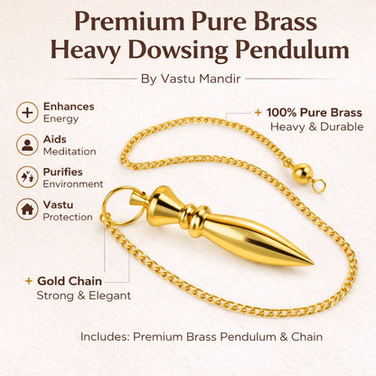 Heavy bullet dowsing pendulum infographic showing its tapered brass form and chain