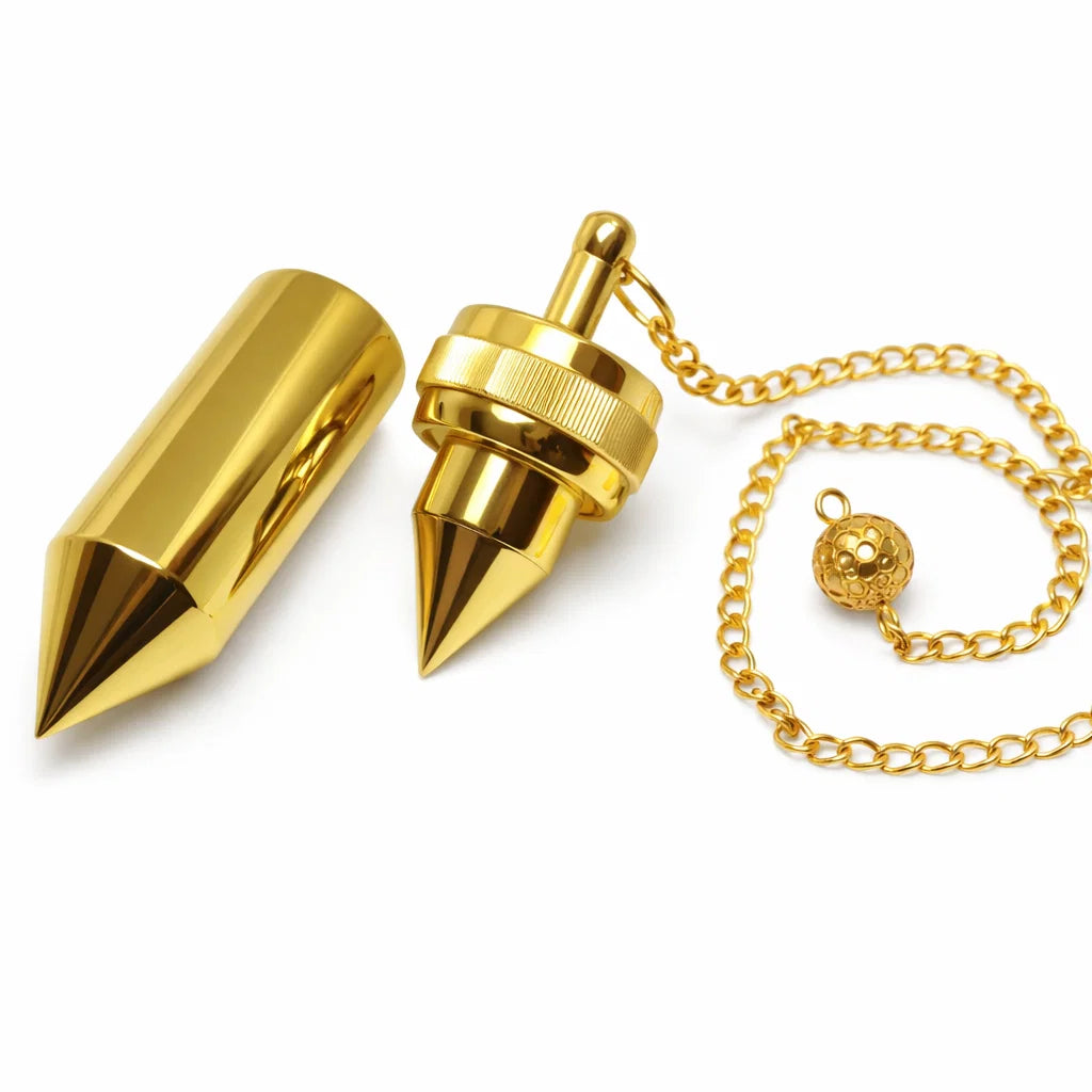 Brass cone dowsing pendulum with full chain laid out on a white background
