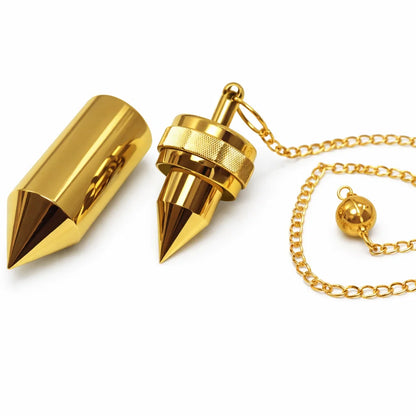 Brass cone pendulum body and detachable upper section on a white background