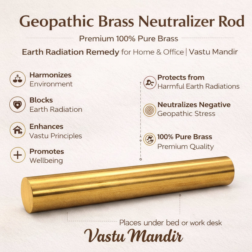 Geopathic brass neutralizer rod infographic showing traditional placement information