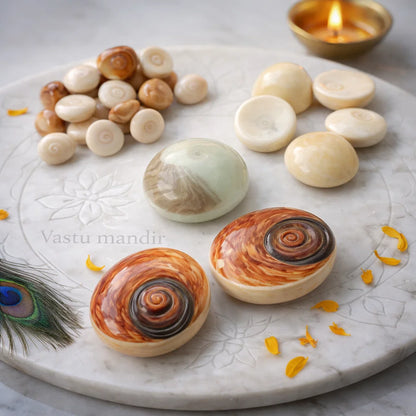 Gomti chakra shells displayed in a softly lit product setting