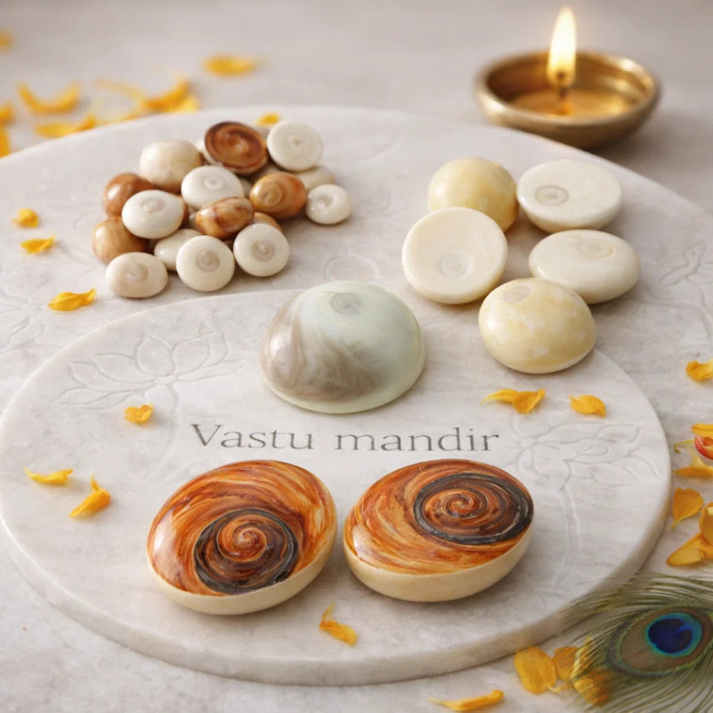 Gomti chakra shells arranged in a styled spiritual setting