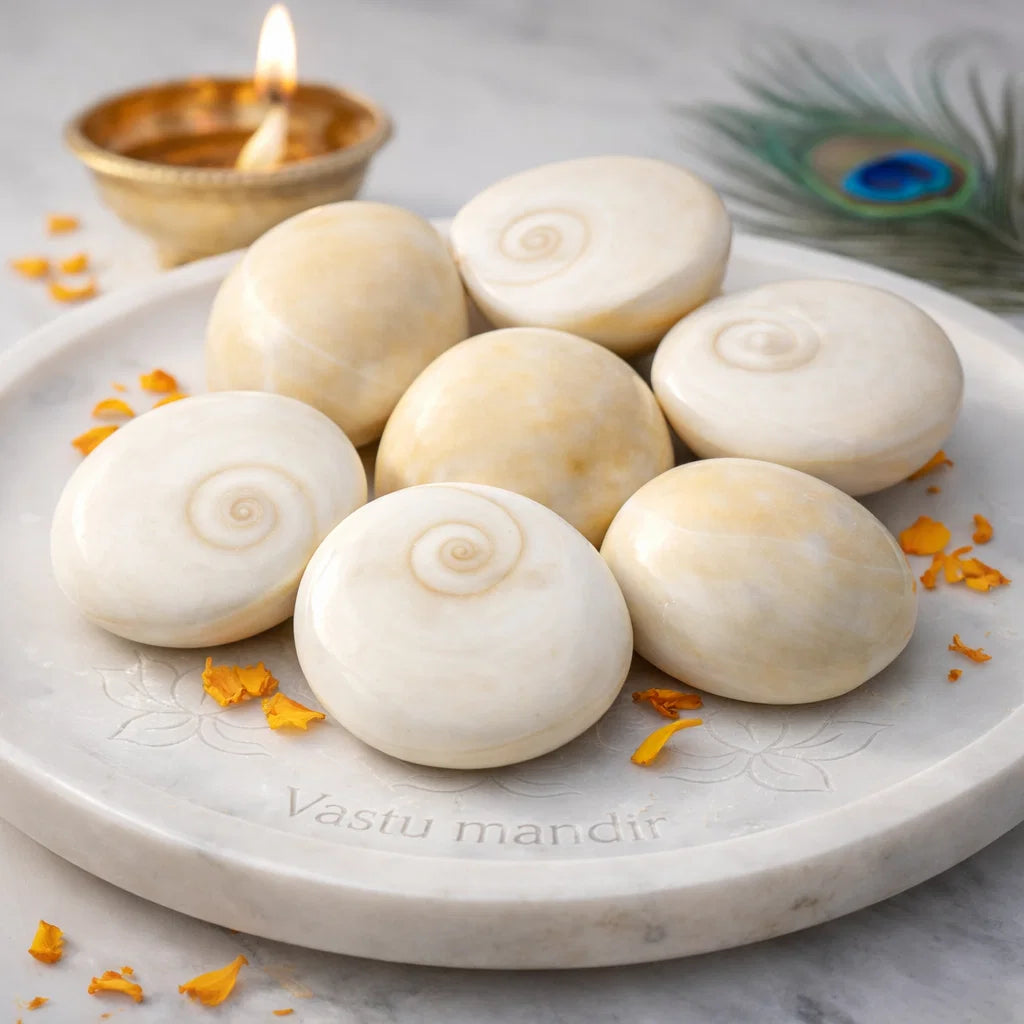 Pale Gomti chakra shells arranged on a marigold-decorated marble plate