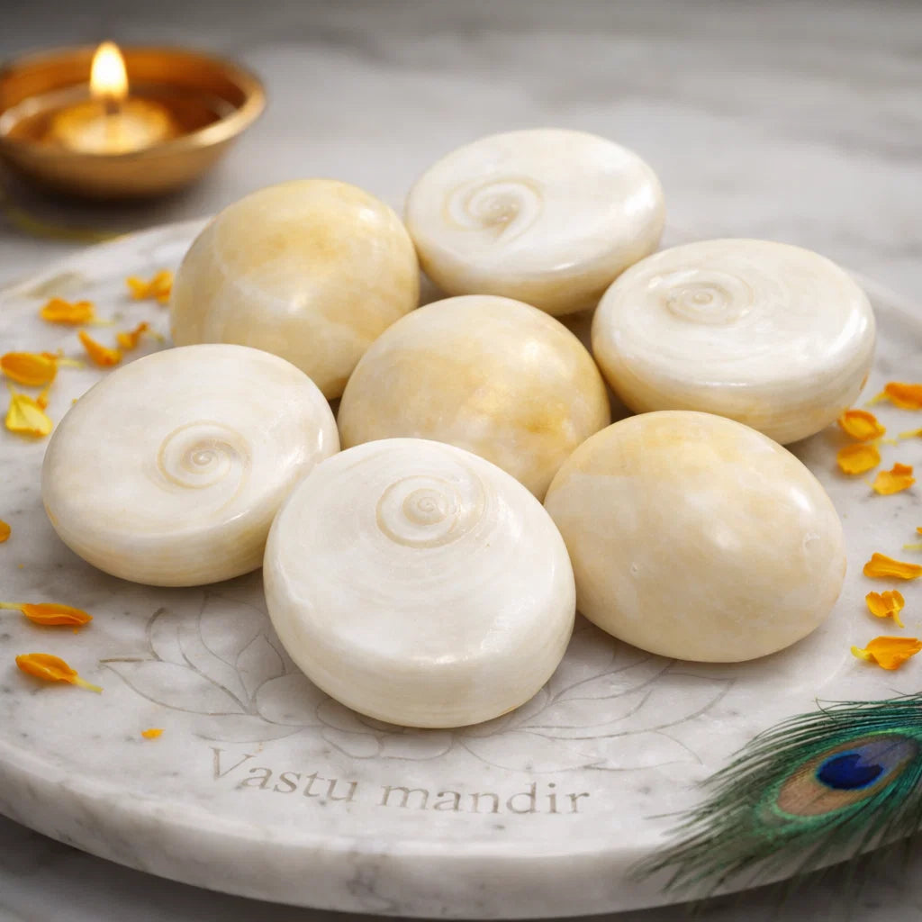 Gomti chakra shells presented in a clear lifestyle setting