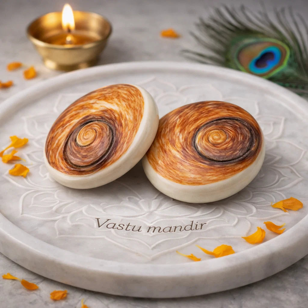 Two brown spiral Gomti chakra shells displayed on a marble plate