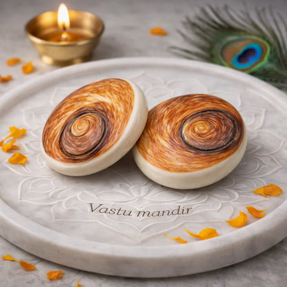 Two brown spiral Gomti chakra shells displayed on a marble plate