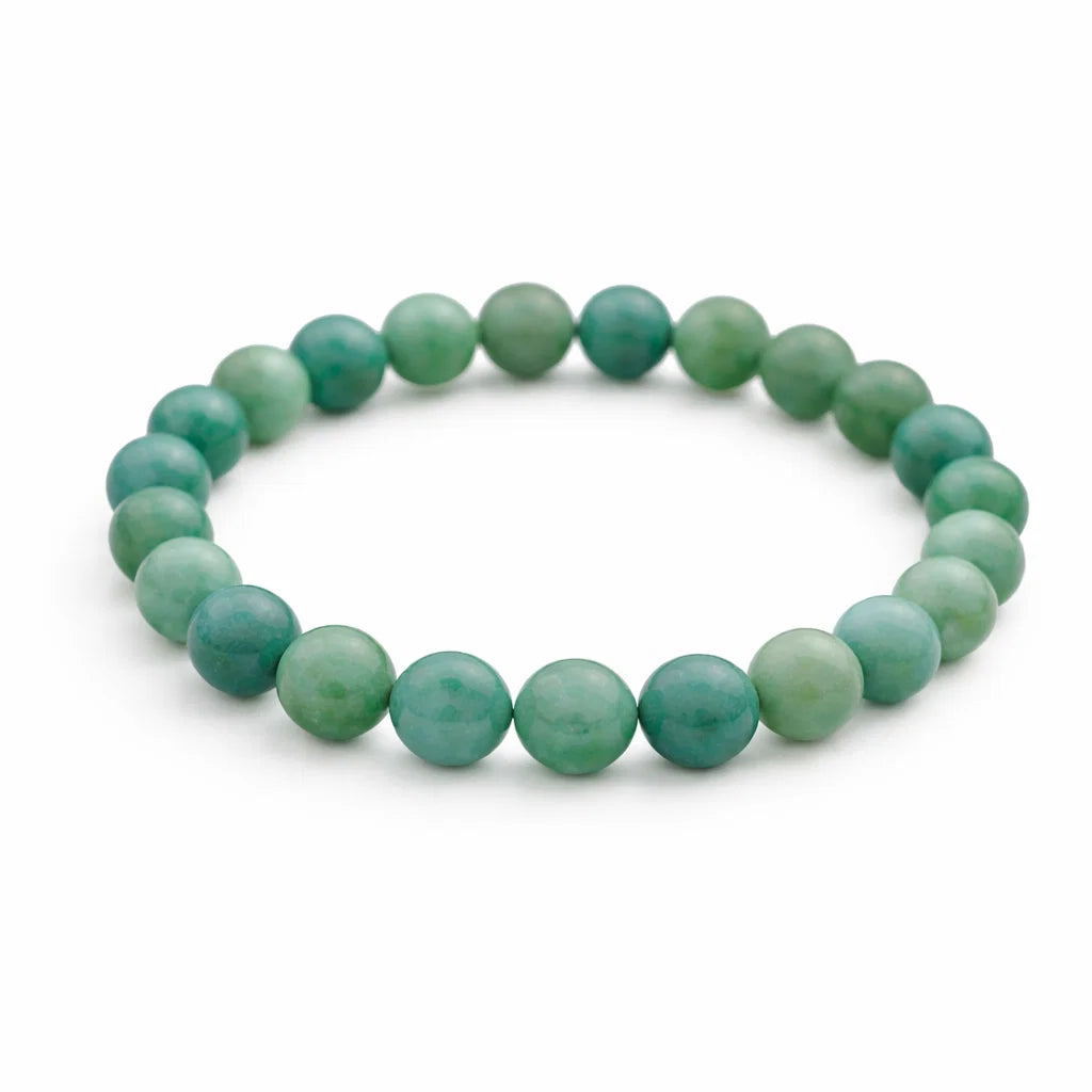 Natural amazonite crystal bracelet showing the bead colour and surface on white