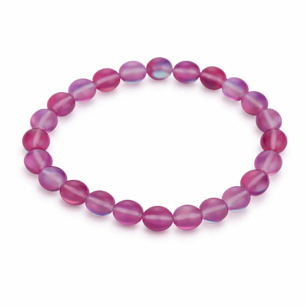 Natural dark pink aura quartz crystal bracelet in a close white-background bead view