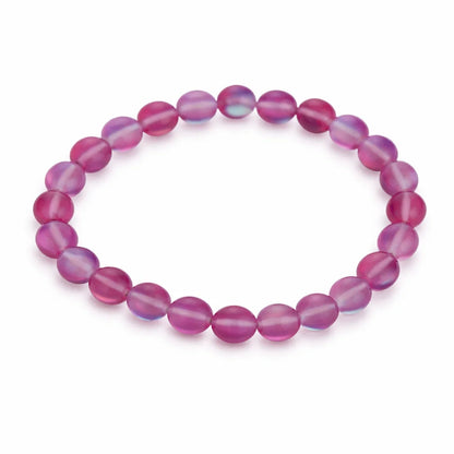 Natural dark pink aura quartz crystal bracelet in a close white-background bead view