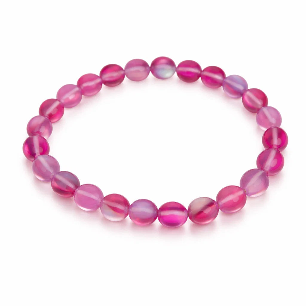 Natural dark pink aura quartz crystal bracelet with round beads on a clean white background