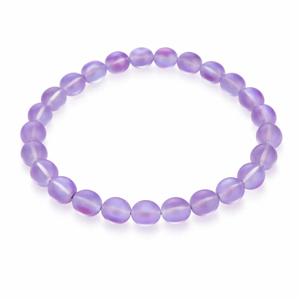 Natural purple aura quartz bead bracelet in a close white-background bead view