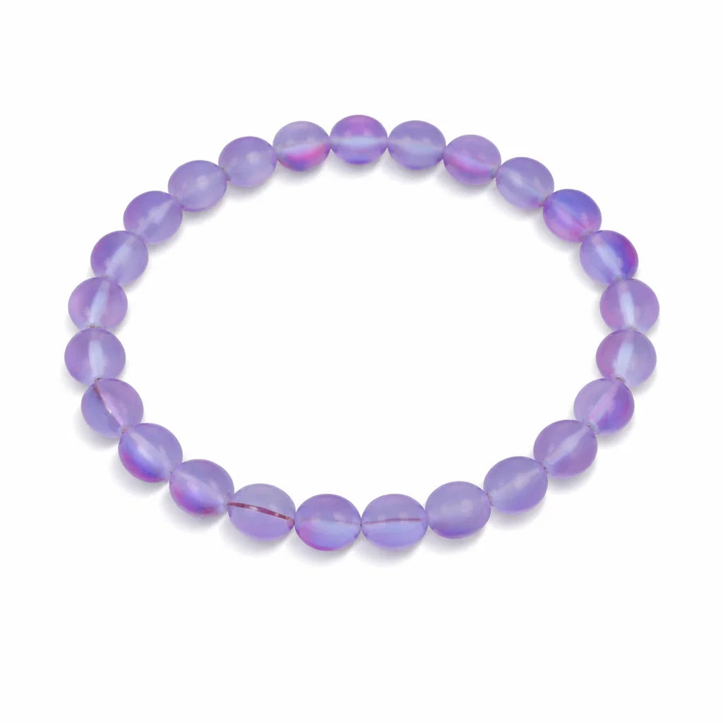 Natural purple aura quartz bead bracelet with round beads on a clean white background
