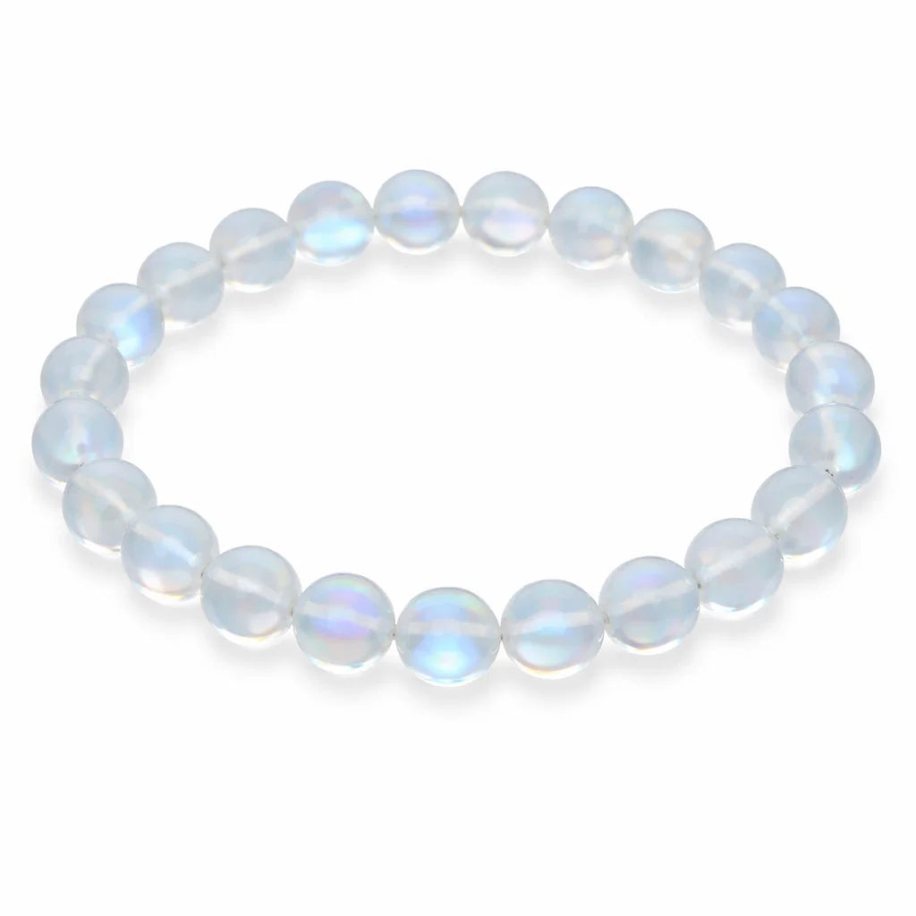 Natural white aura quartz crystal bracelet showing the bead colour and surface on white