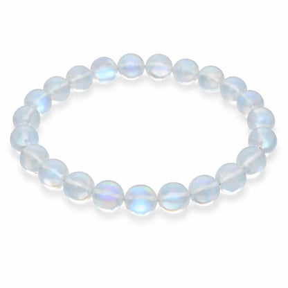 Natural white aura quartz crystal bracelet showing the bead colour and surface on white