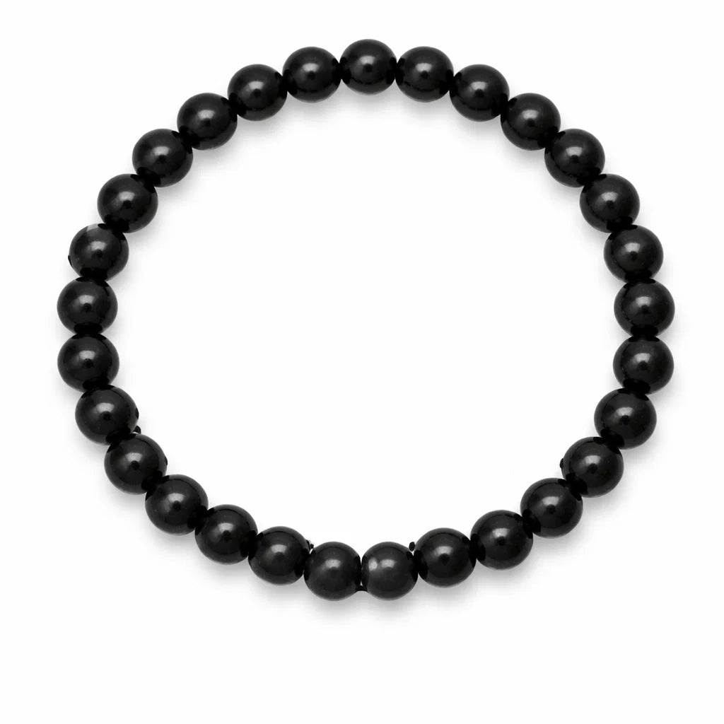Natural black tourmaline crystal bracelet in a close white-background bead view