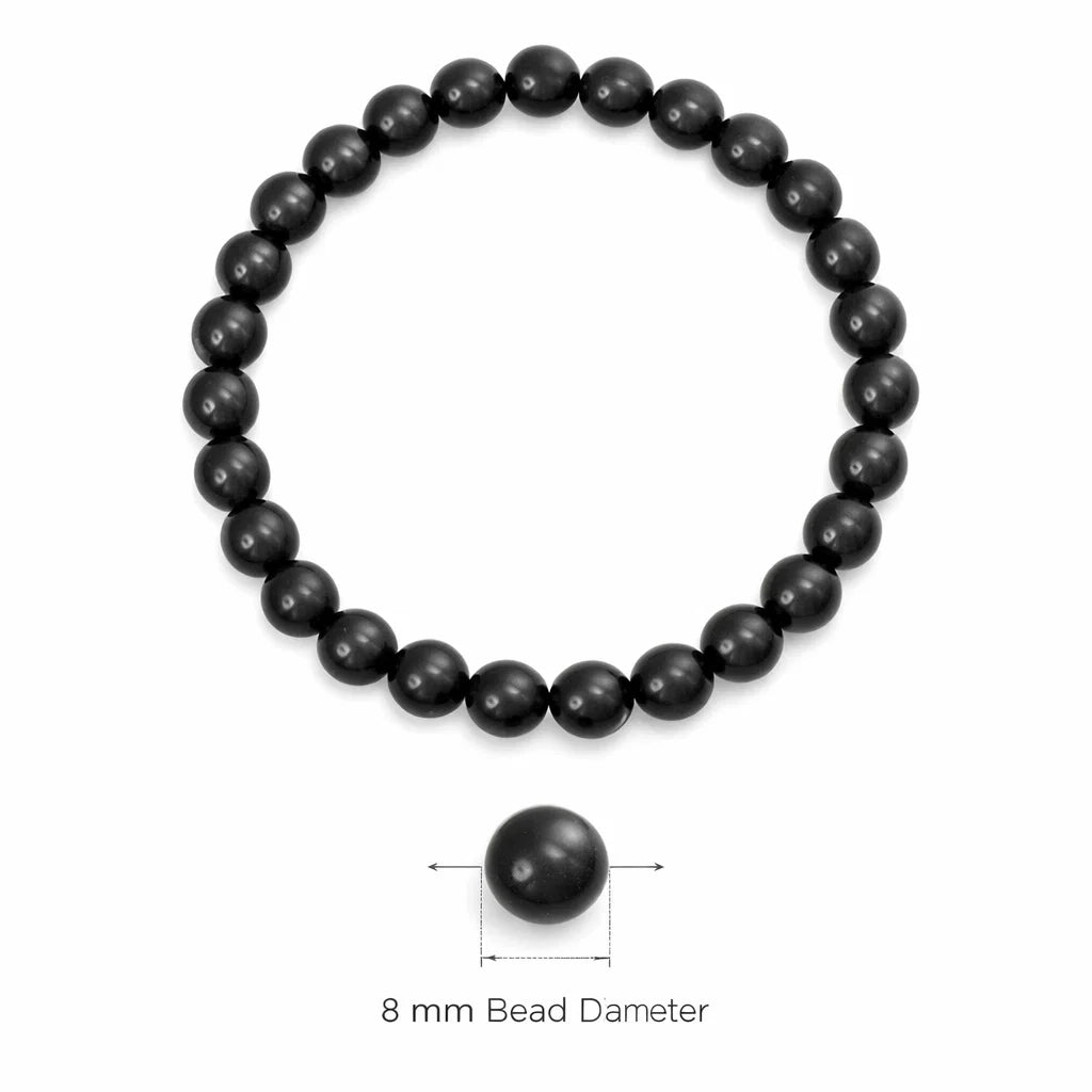 Black tourmaline hydro crystal bracelet with round beads on a clean white background