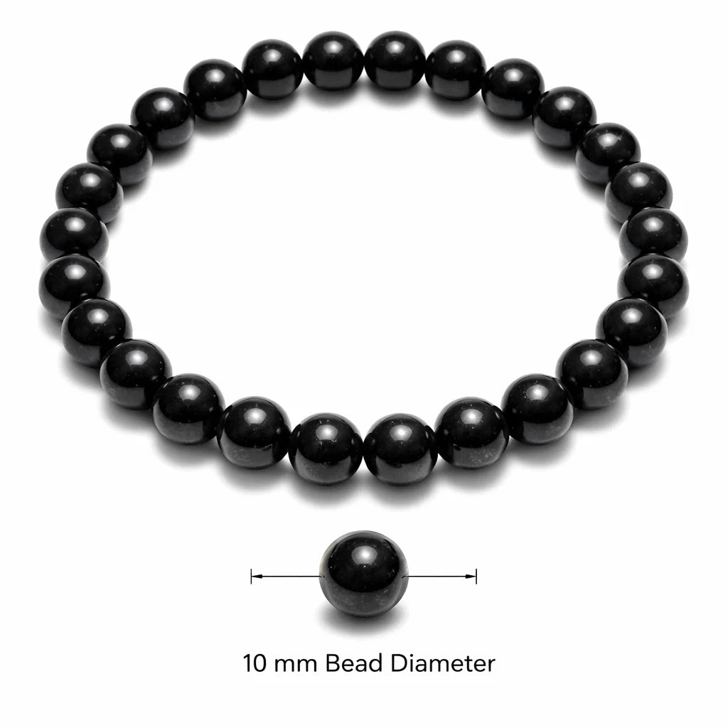 Classic black tourmaline crystal bracelet with round beads on a clean white background