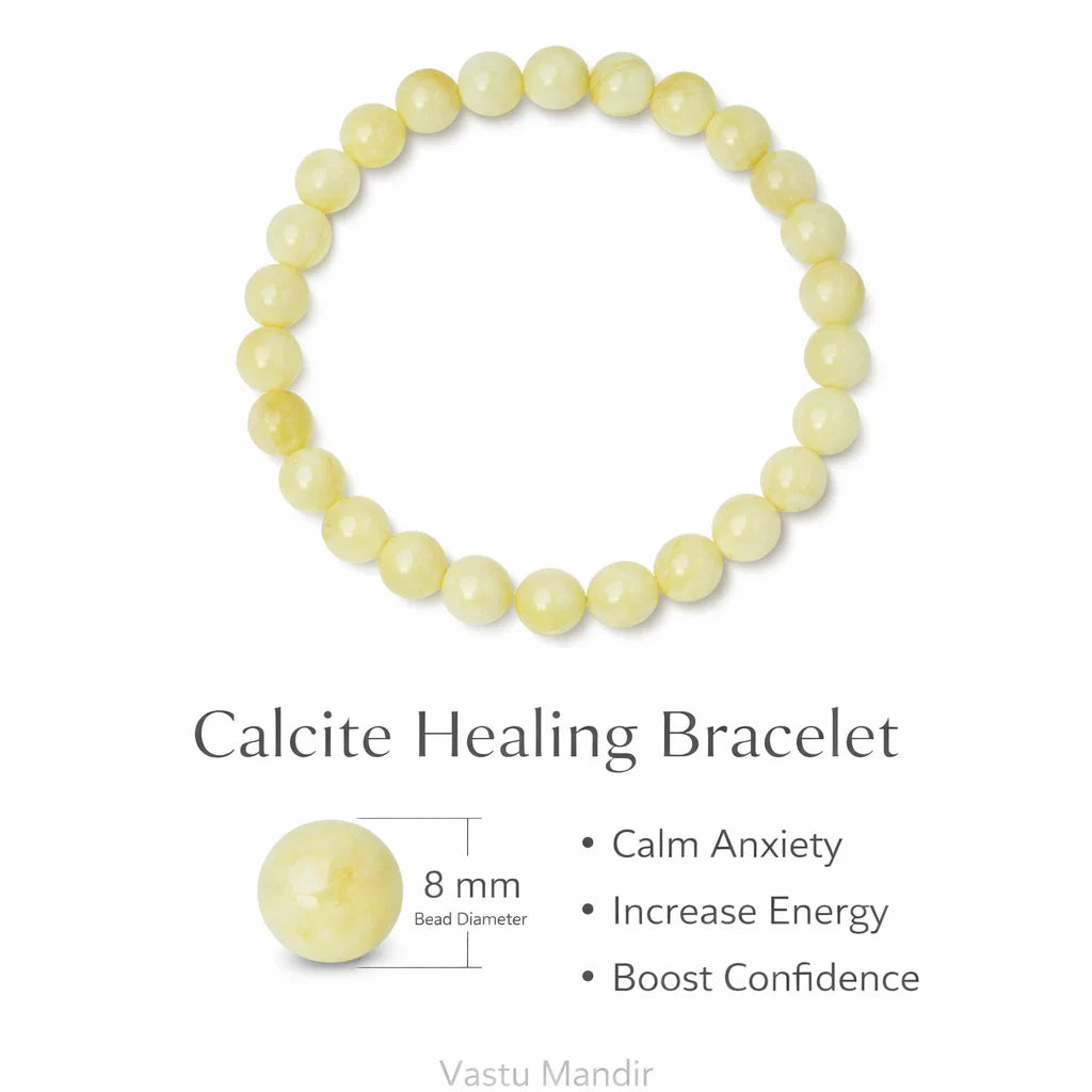 Natural calcite crystal bracelet in a close white-background bead view