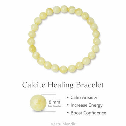 Natural calcite crystal bracelet in a close white-background bead view