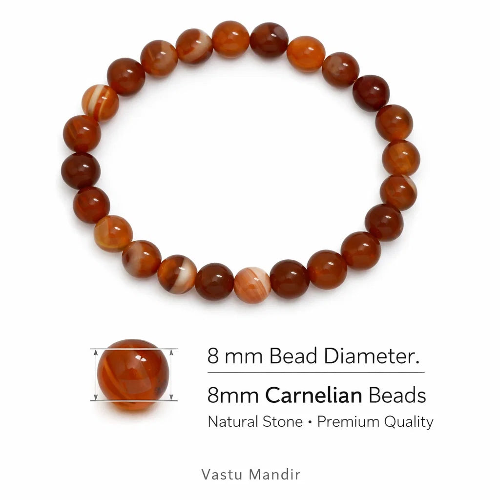 Natural carnelian crystal bracelet in a close white-background bead view