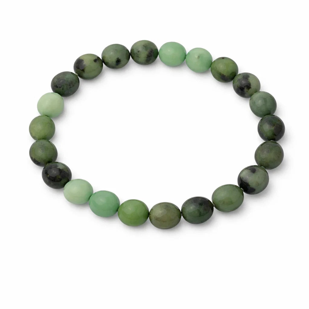 Natural chrysoprase crystal bracelet in a close white-background bead view