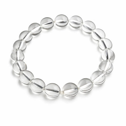 Hydro clear quartz bracelet with round beads on a clean white background