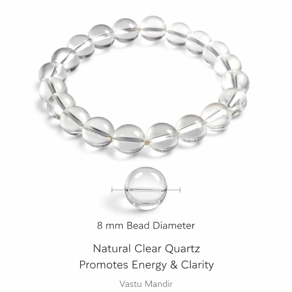 Natural clear quartz crystal bracelet– Vastu remedy with round beads on a clean white background